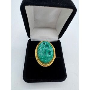 Vintage Avon Carved Green Stone Locket Ring Gold Tone Hinged Statement Ring